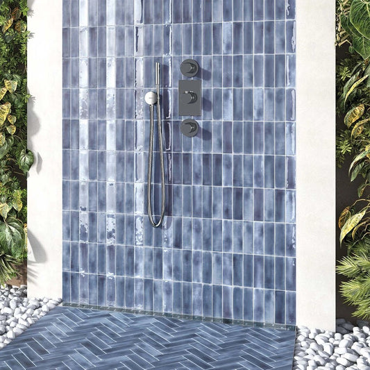 Luxury bathroom featuring Atelier blue brick wall gloss tile