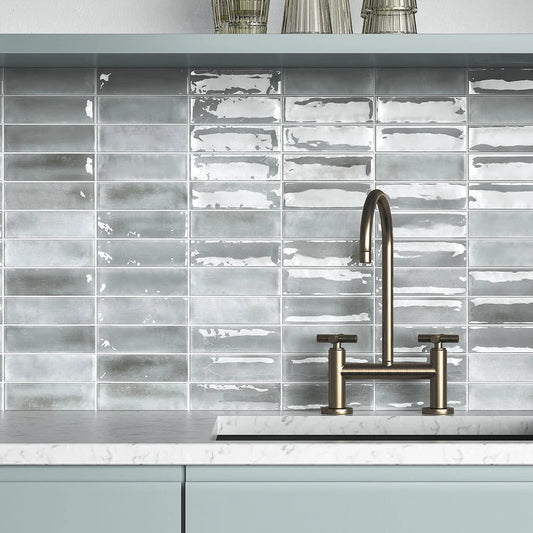 Kitchen splashback with Atelier steel gloss wall tile, a rectangular brick-style design for modern interior wall