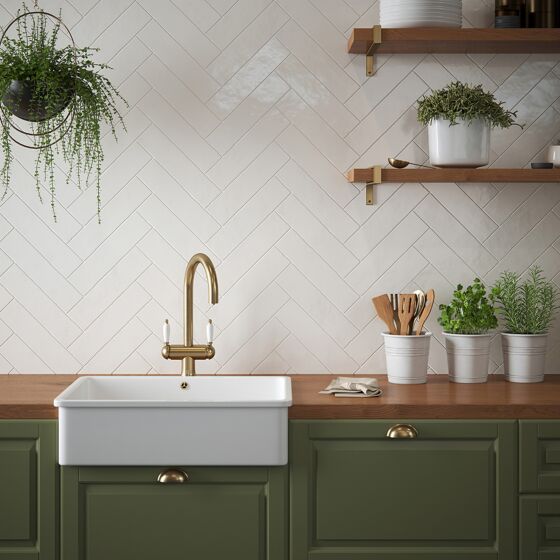 Kitchen splashback styled with Bespoke cream handcrafted ceramic wall tiles