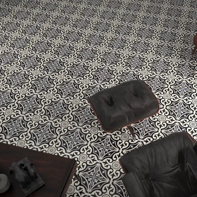 Feature stone black and white patterned living room floor tiles
