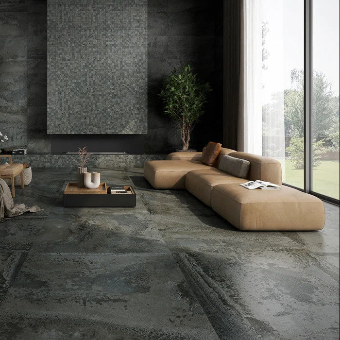 Ferrum grey decorative porcelain wall and floor tile used for modern interiors