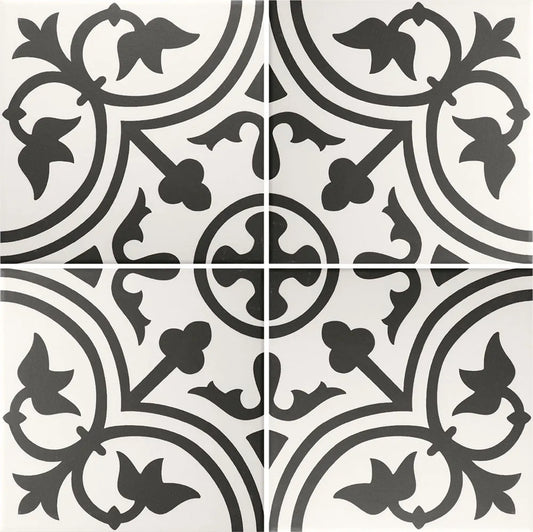 Close up of Madrid black and white pattern floor tile for kitchens and bathrooms