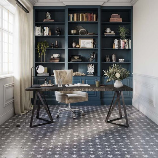 Modern study featuring Orb grey patterned floor tile