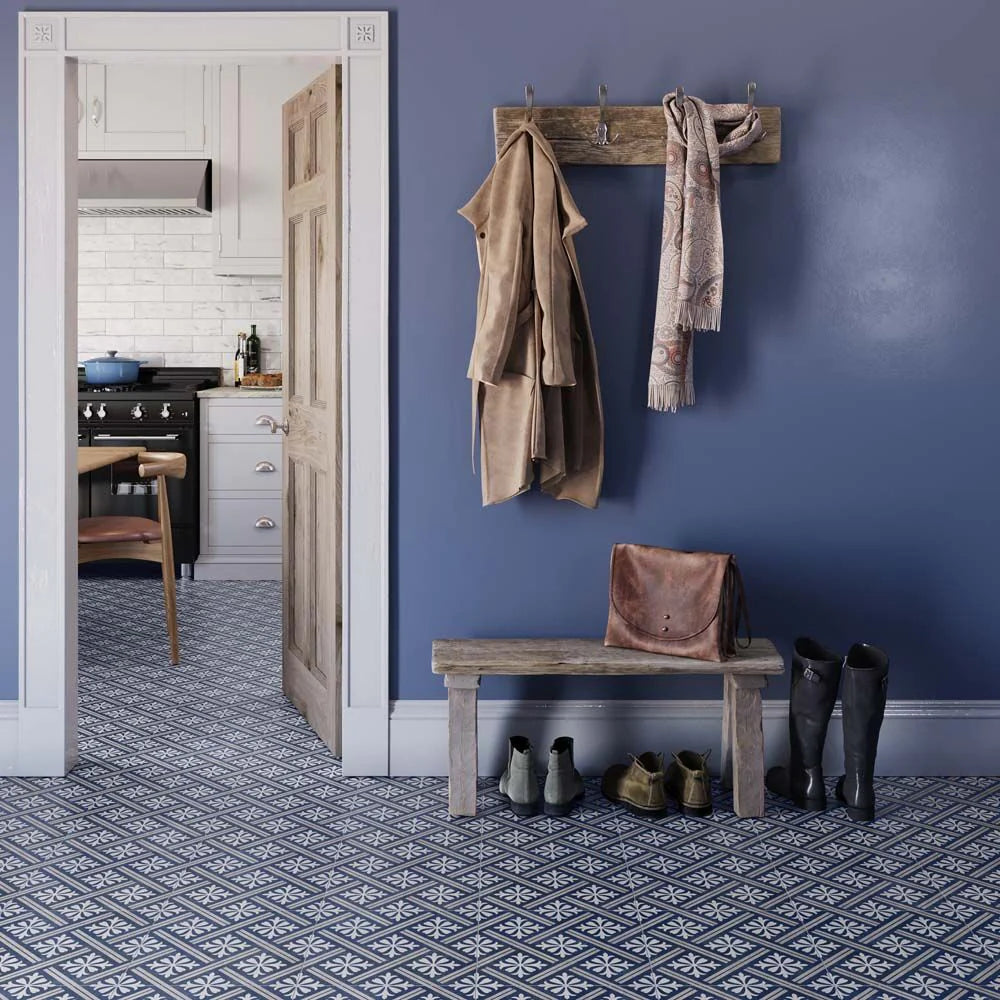 Rustic hallway and kitchen floor tiled with Peat blue tiles