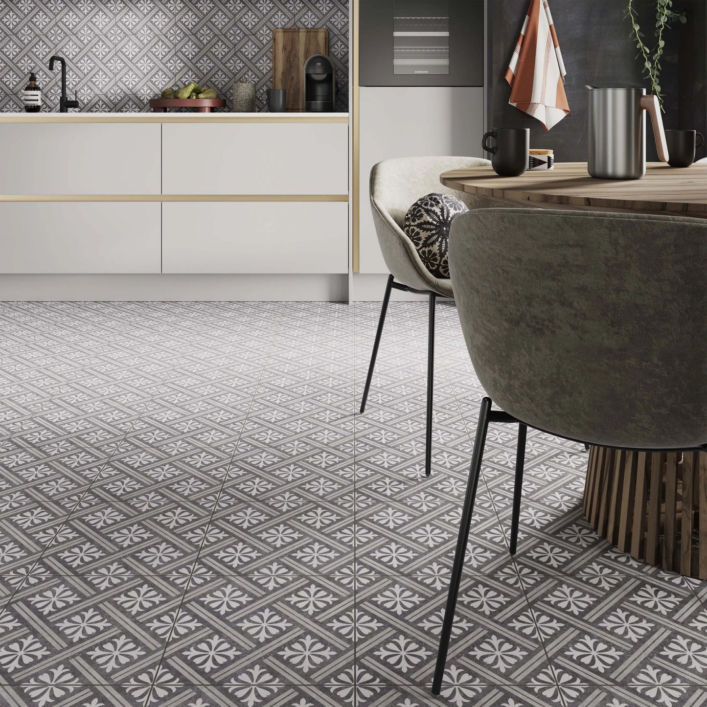 Contemporary kitchen tiled with Peat charcoal patterned tile suitable for walls and floors