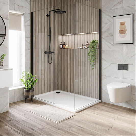 Modern shower room tiled with Perth dark oak panel on the walls and plank on the floor