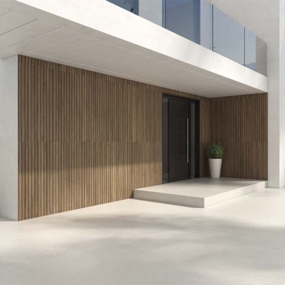 Modern outside wall tiled with Perth Walnut wall wood effect panel