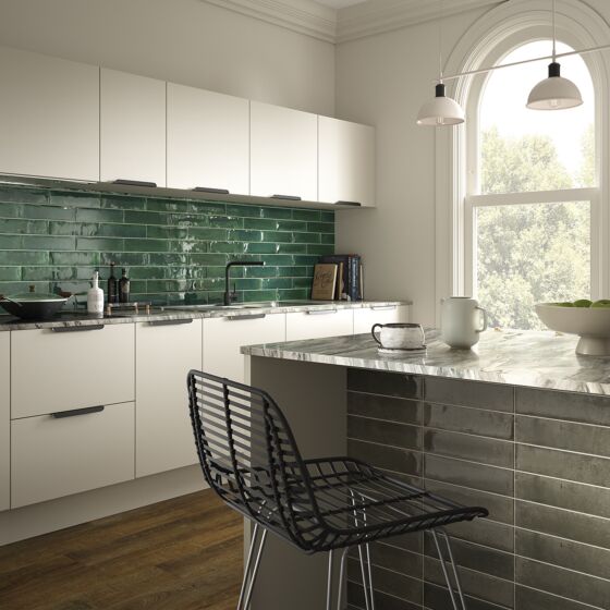 Wish ash gloss brick tiles installed on a contemporary kitchen island