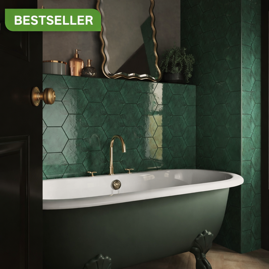 Luxury bathroom tiled with Wish green hexagon wall tiles with glossy finish