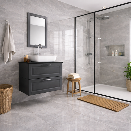 Luxury bathroom with Andrea dark grey gloss porcelain floor and wall tile