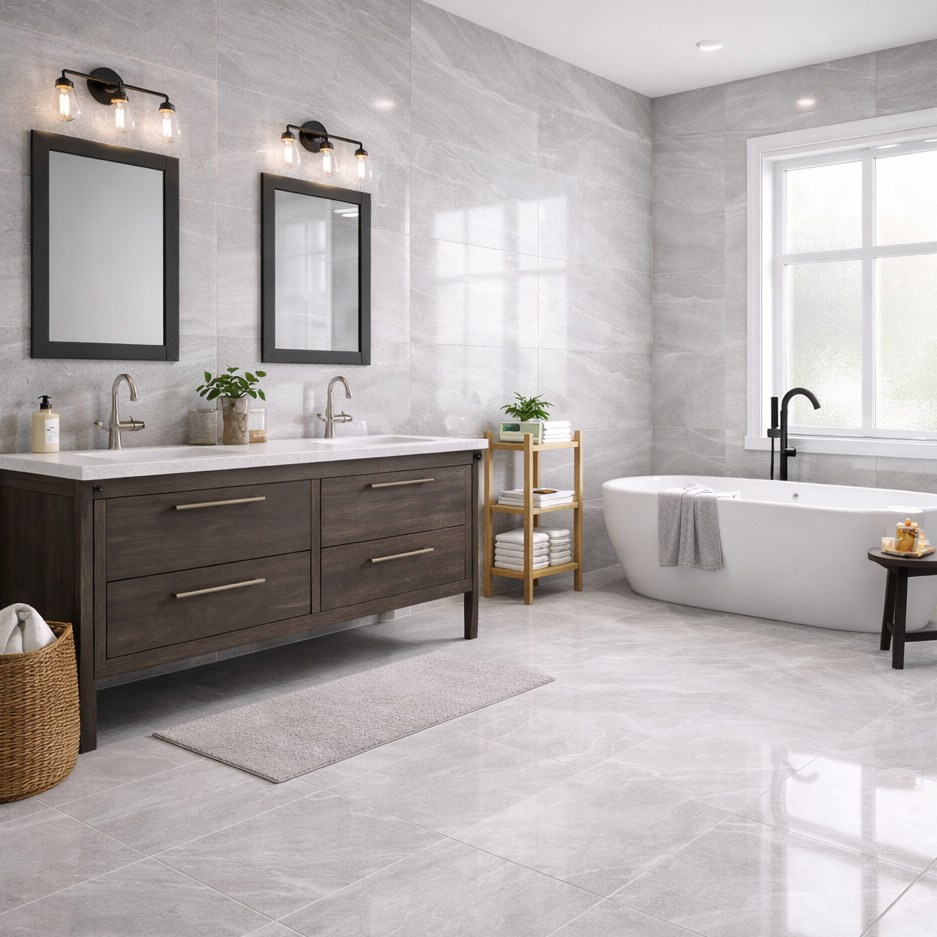 Bathroom featuring Andrea dark grey gloss featuring a durable stone-effect  design