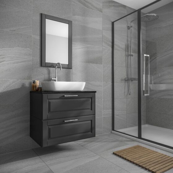 Bathroom tiled with Andrea dark grey matt porcelain floor and wall tile 