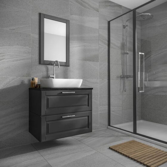 Bathroom tiled with Andrea dark grey matt porcelain floor and wall tile 