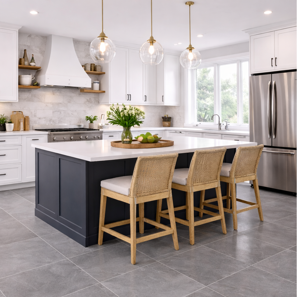 Beautiful kitchen with Andrea dark grey matt porcelain floor and wall tile 
