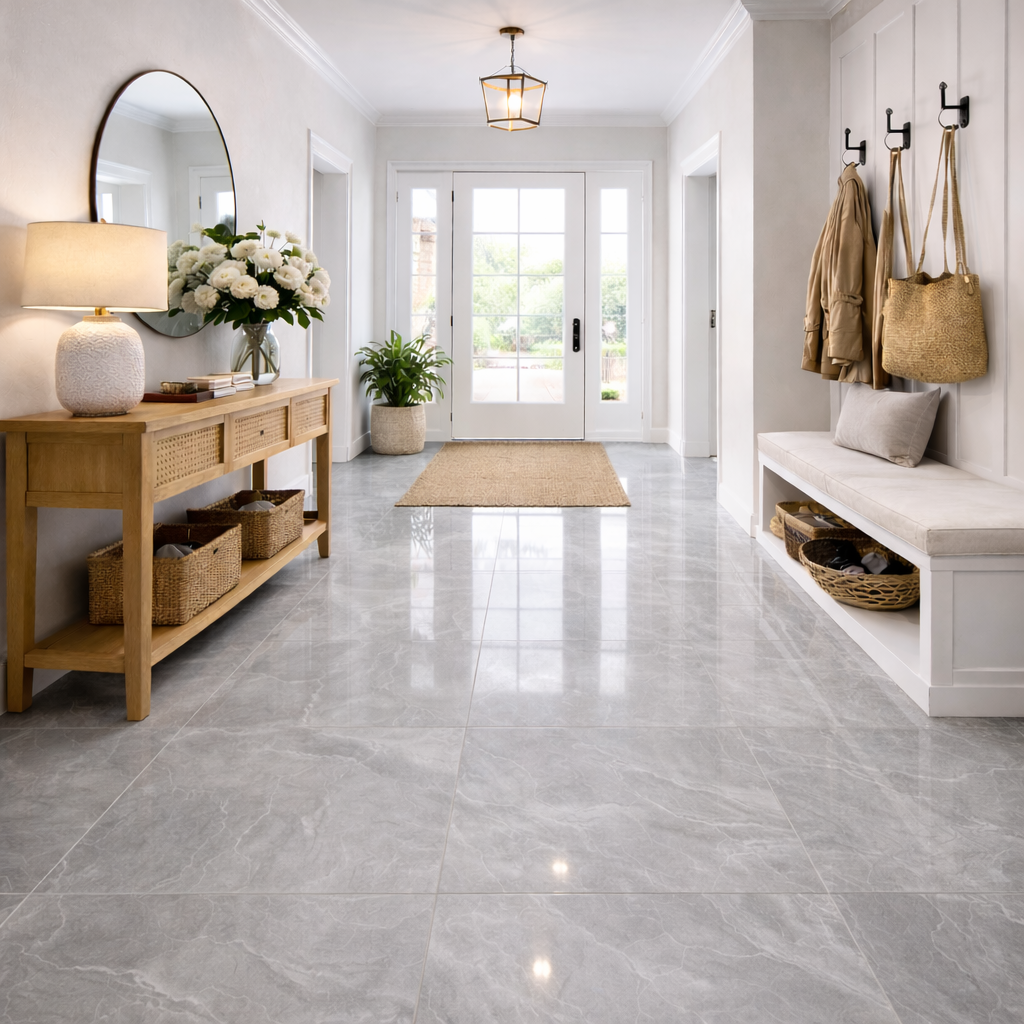 Modern hall tiled with large format Andrea dark grey gloss porcelain wall and floor tiles