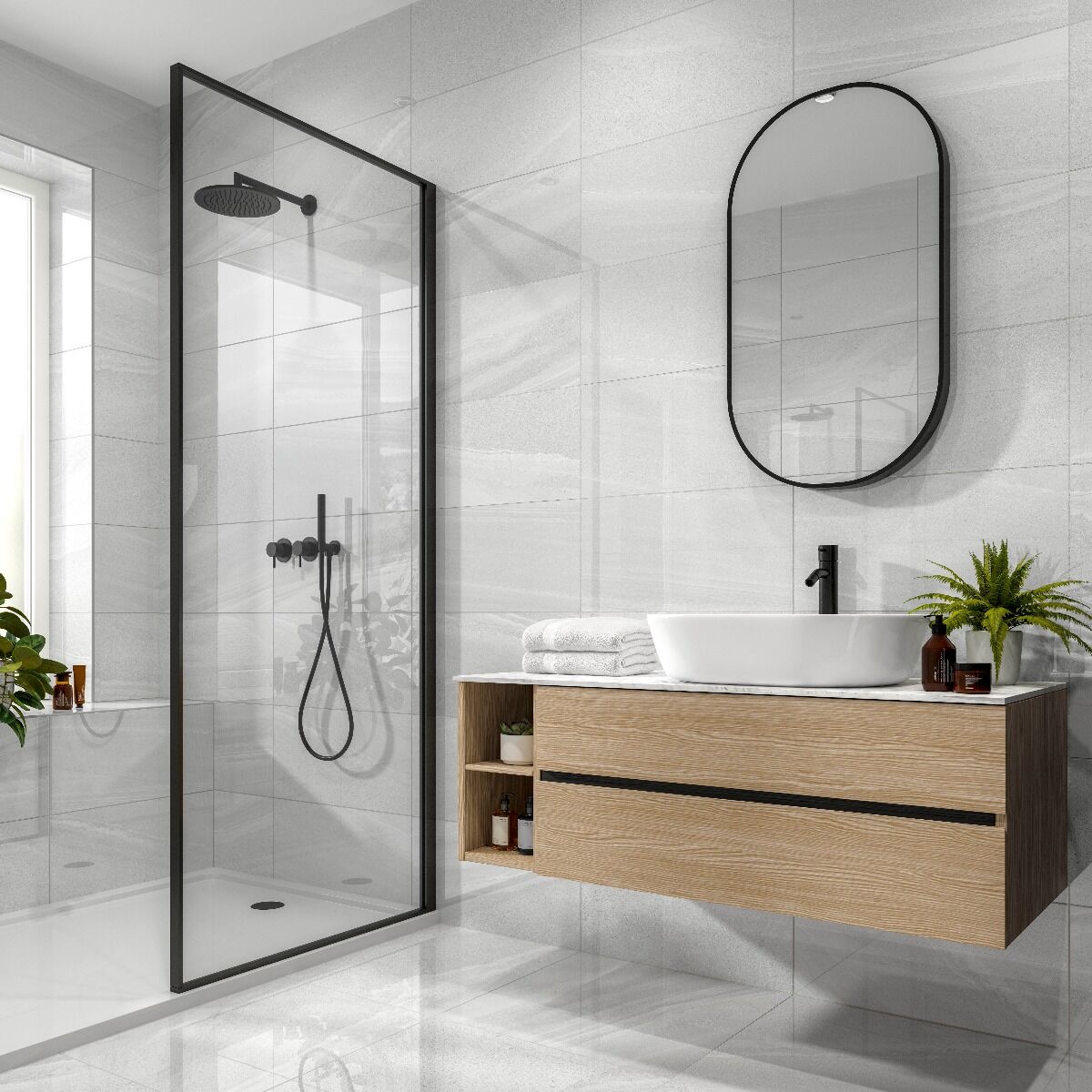 Shower room featuring Andrea light grey gloss porcelain wall and floor tiles 