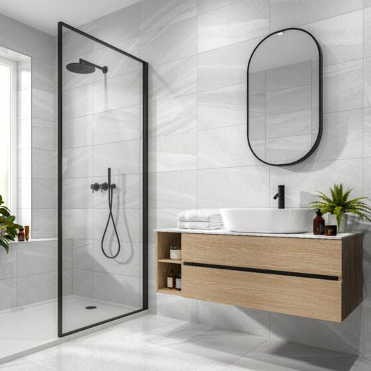 Modern shower tiled with Andrea light grey porcelain floor and wall tile 