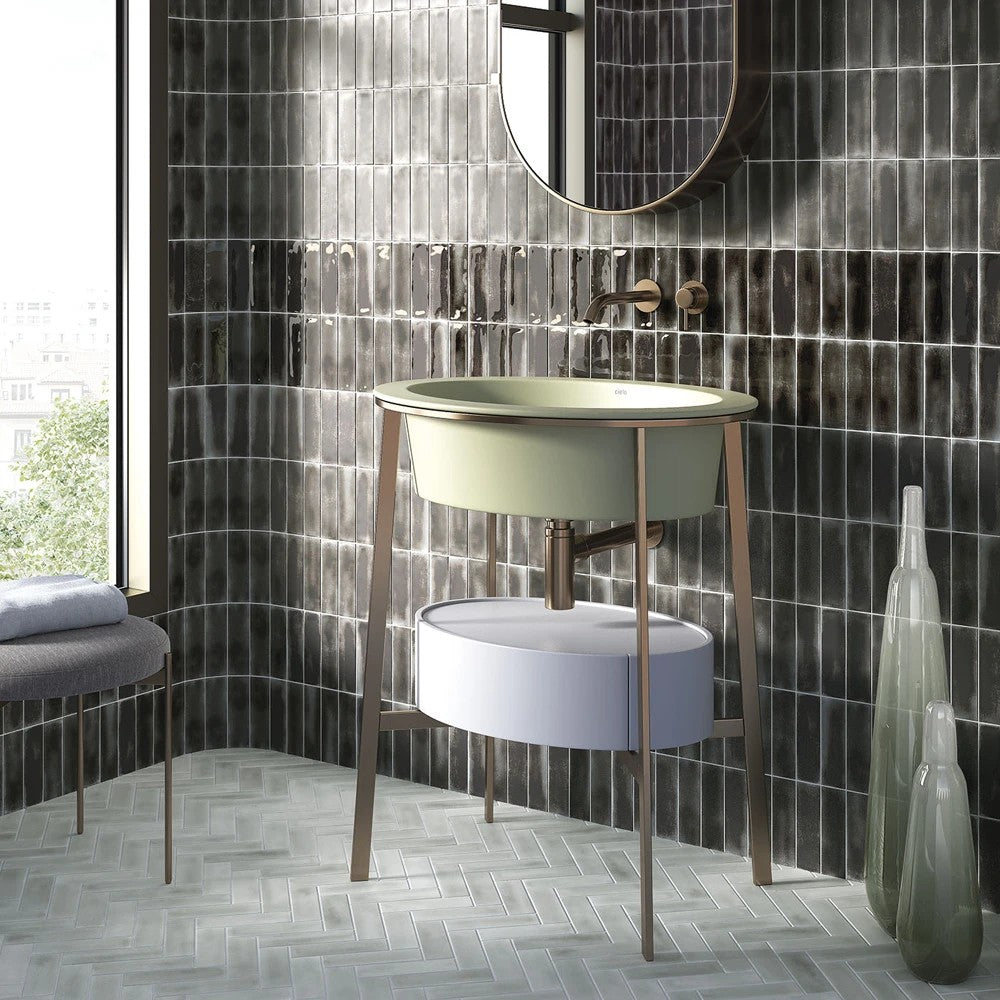 Contemporary bathroom featuring Atelier black gloss brick wall tile