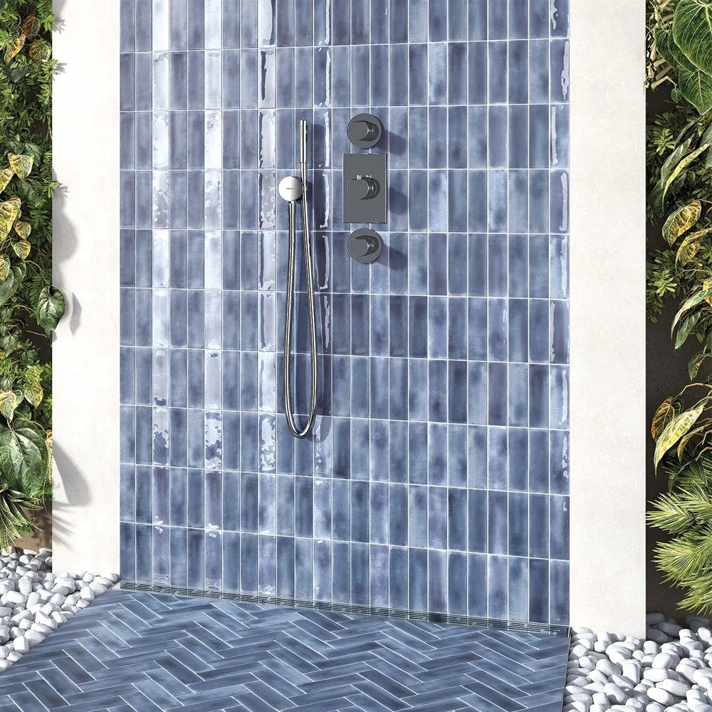 Luxury bathroom featuring Atelier blue brick wall gloss tile 