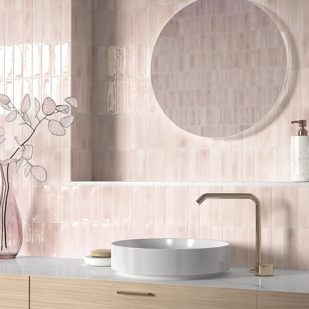 Modern bathroom featuring Atelier rose gloss brick wall tile