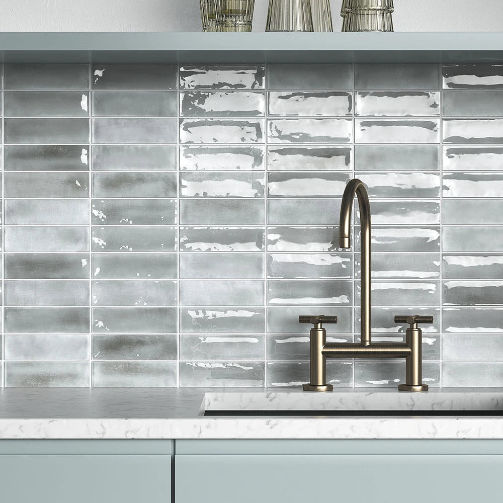 Kitchen splashback with Atelier steel gloss wall tile, a rectangular brick-style design for modern interior wall