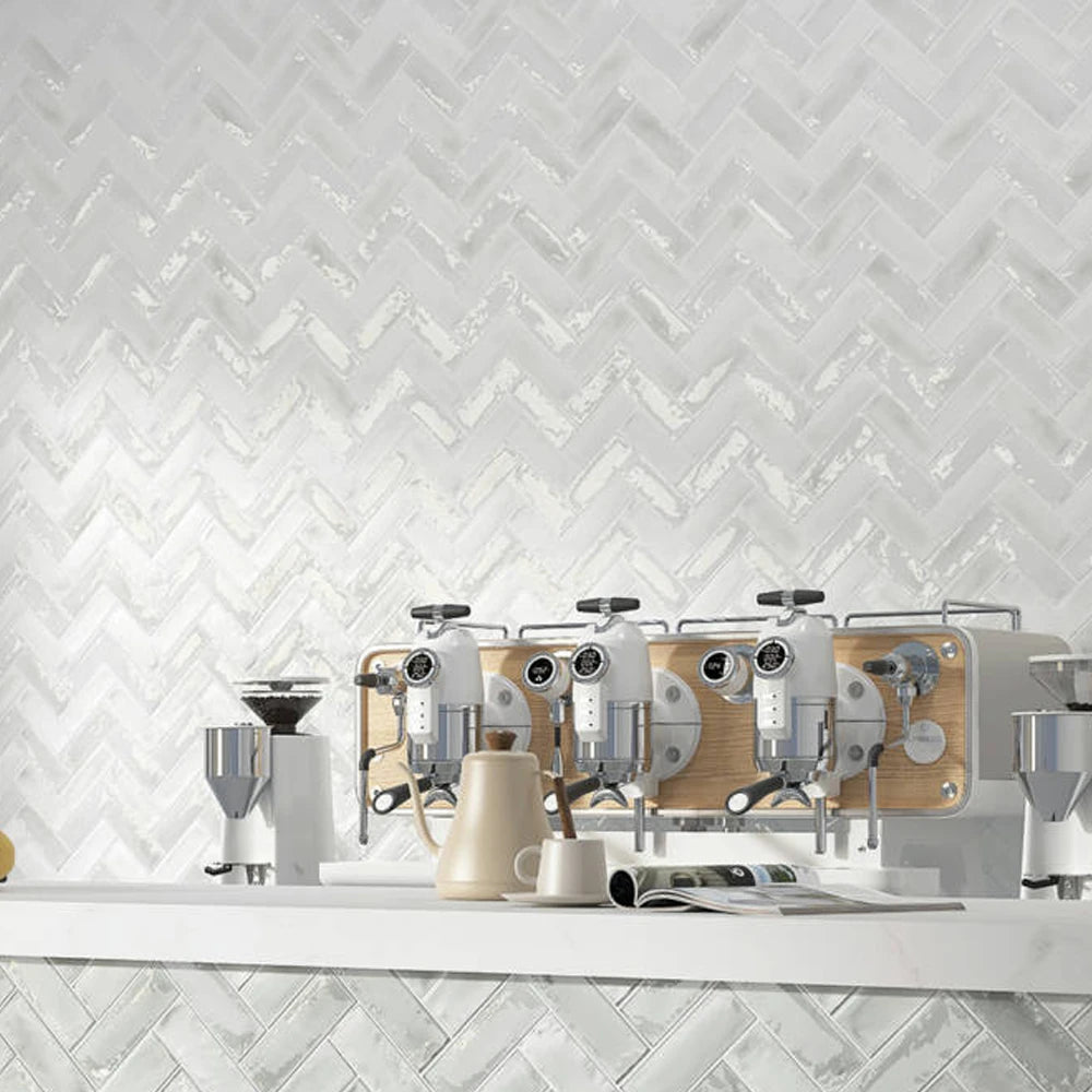 Modern kitchen wall with Atelier white gloss and matt brick tiles 