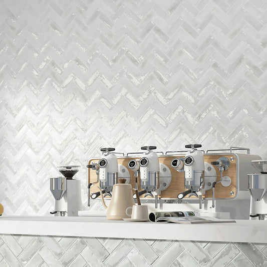 Modern kitchen wall with Atelier white gloss and matt brick tiles 