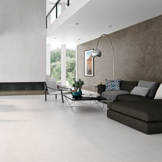 Floor styled with matt finish Avada white porcelain tiles suitable for walls and floors