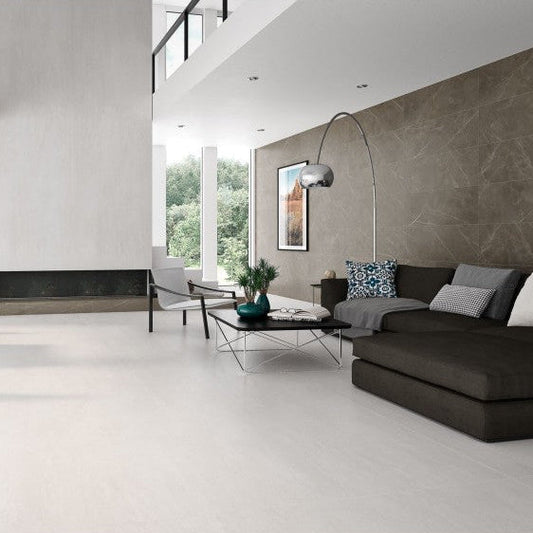 Floor styled with matt finish Avada white porcelain tiles suitable for walls and floors