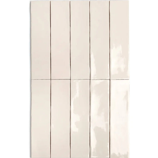 Close-up of bespoke cream rustic ceramic tile laid in a vertical stacked pattern