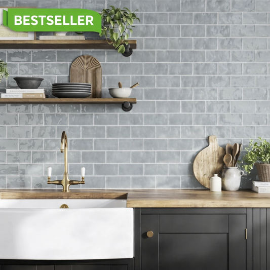 Handcrafted bespoke duck egg blue ceramic wall tiles in rustic style for kitchen backsplash