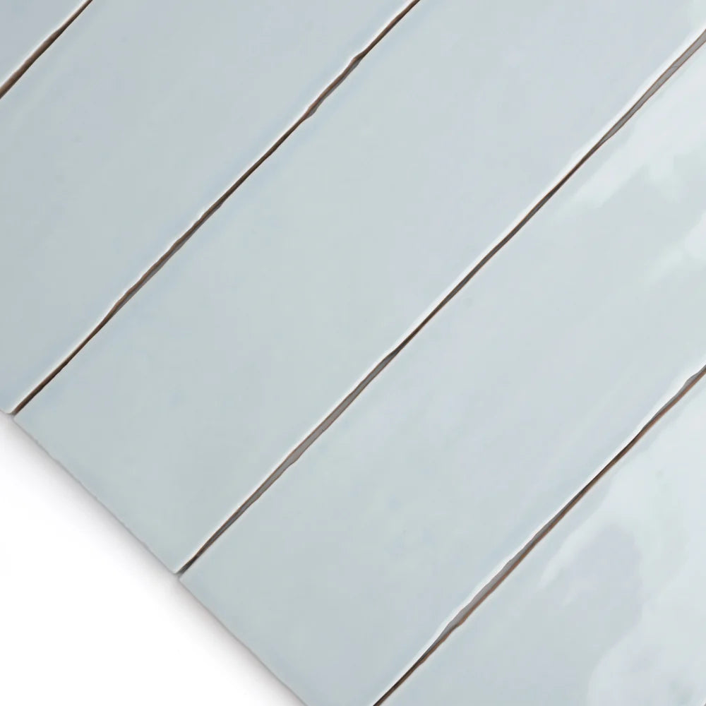 Close-up of bespoke duck egg blue ceramic wall tile suitable for kitchens and bathrooms