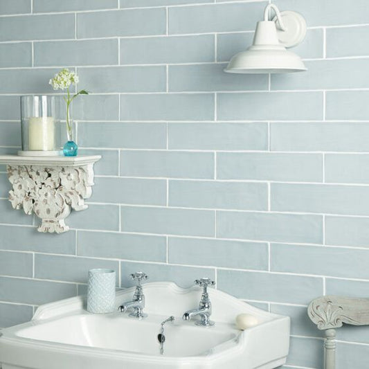 Bathroom featuring Bespoke duck egg blue rustic ceramic wall tiles with handmade textured finish