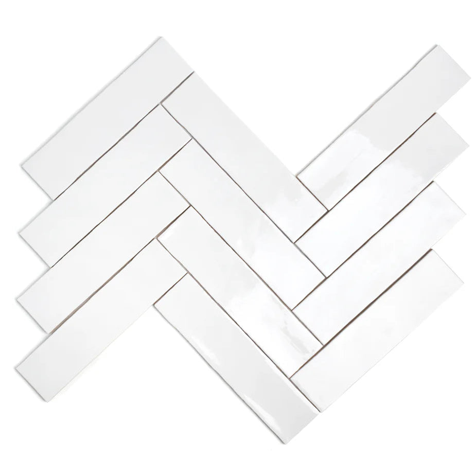 Close-up of Bespoke white rustic ceramic wall tile laid in herringbone pattern