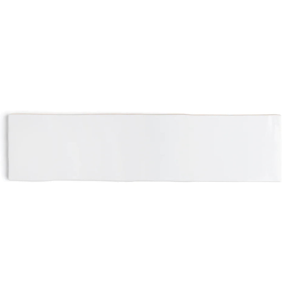 Close up of Bespoke white rustic gloss wall tile with uneven edges