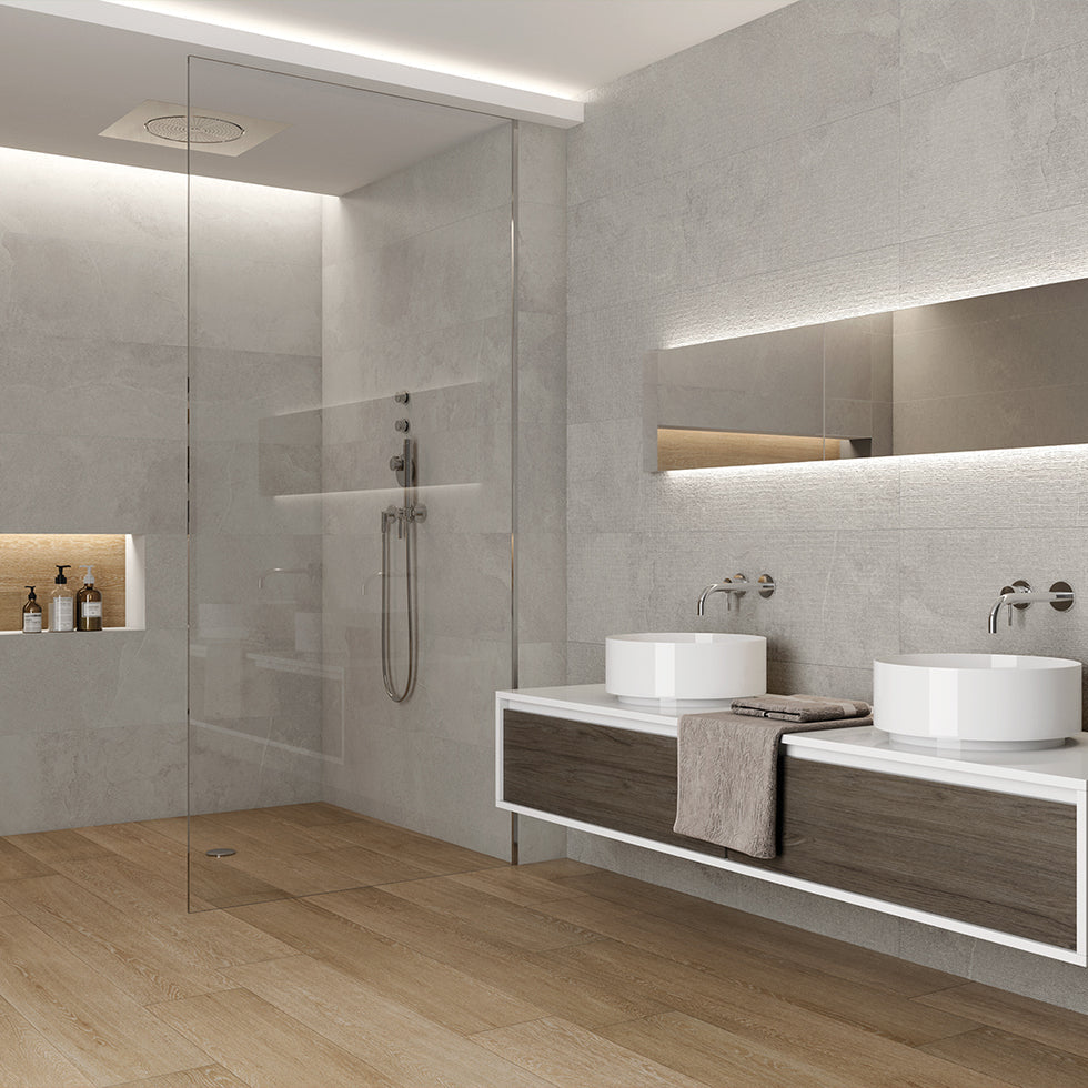 Luxury bathroom with Blend grey wall tiles 