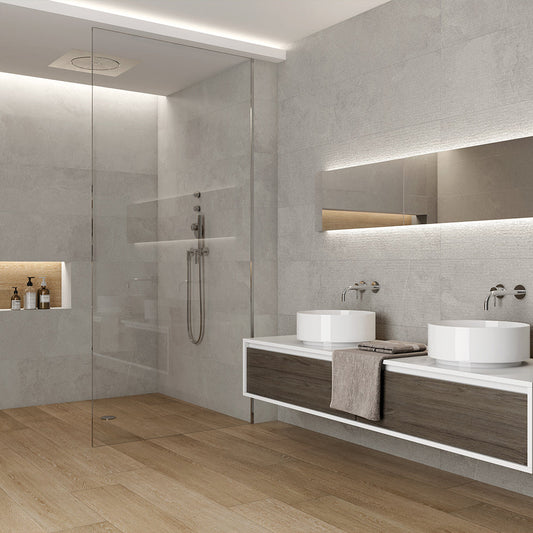 Luxury bathroom with Blend grey wall tiles 