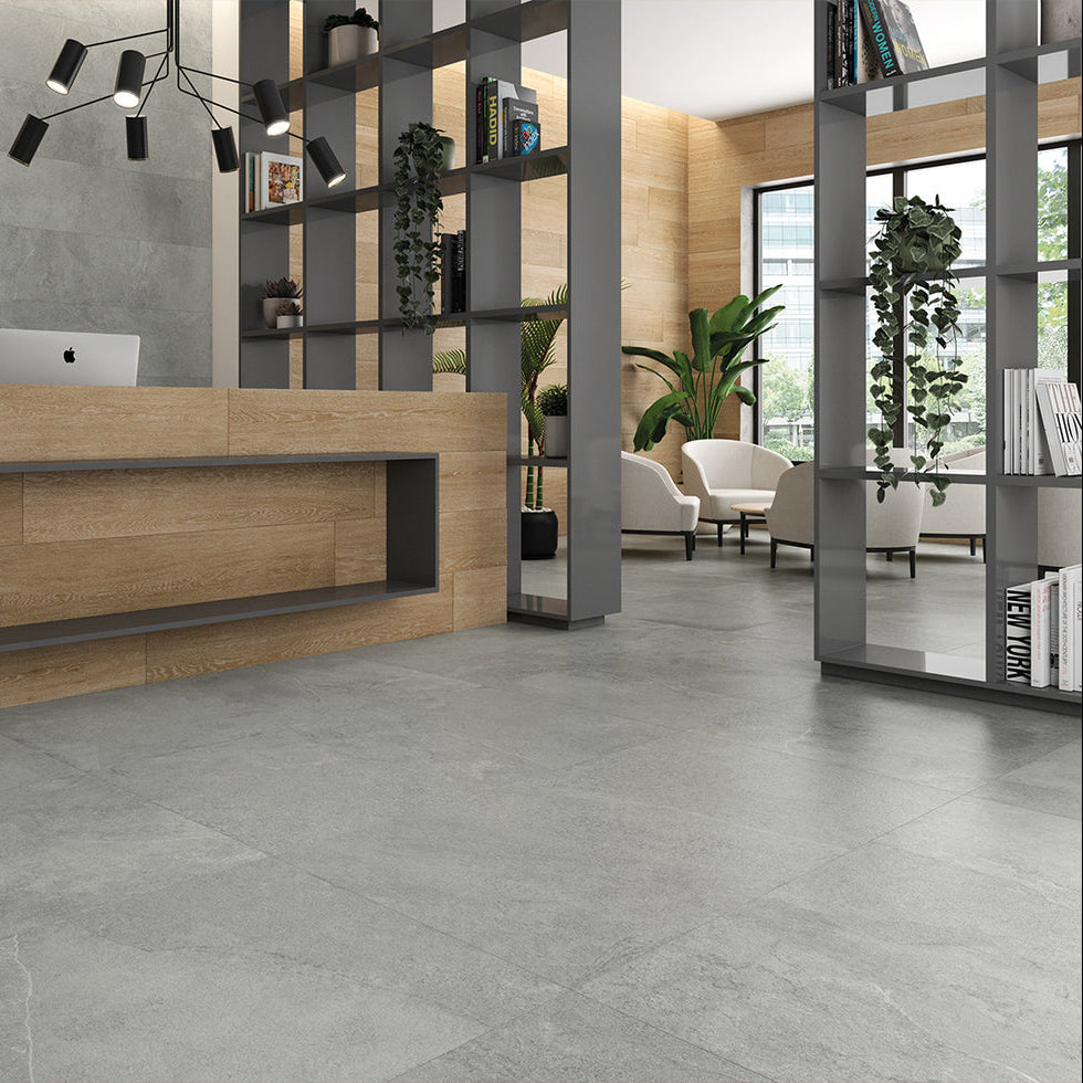 Modern living space featuring grey Blend floor tile 
