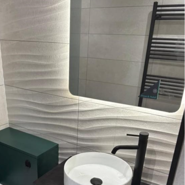 Modern bathroom featuring Blend white wall tiles with decorative surface
