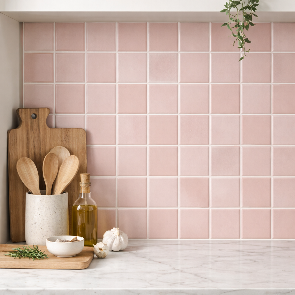 Modern kitchen styled with Bold pink gloss ceramic wall tile 
