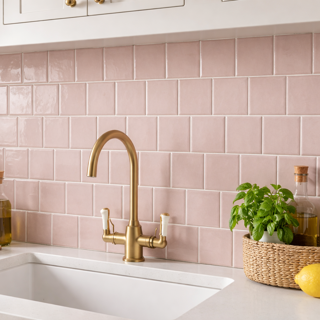 Luxury kitchen tiled with Bold pink ceramic wall tile 
