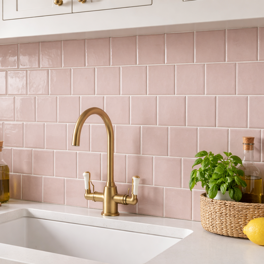 Luxury kitchen tiled with Bold pink ceramic wall tile 