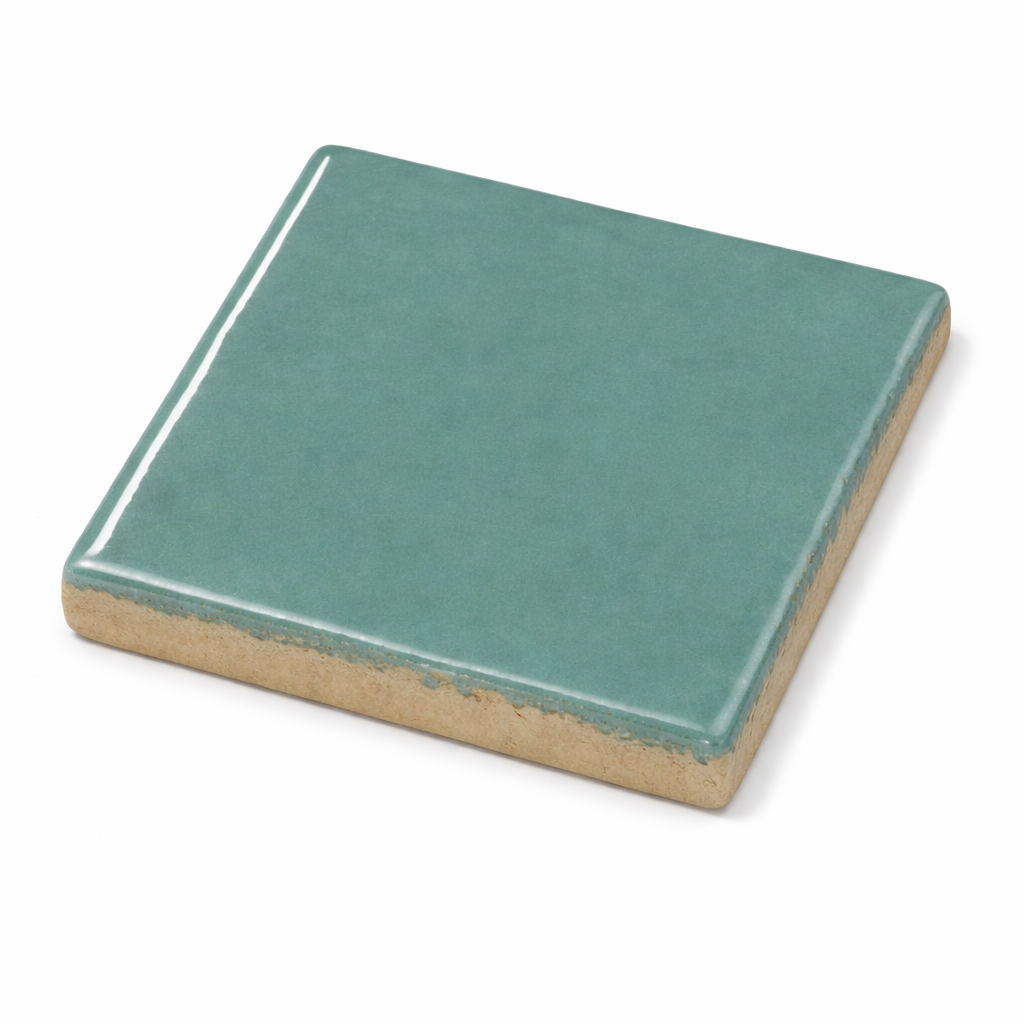 Close up of Bold turquoise ceramic wall gloss tile with smooth shiny finish for modern interiors