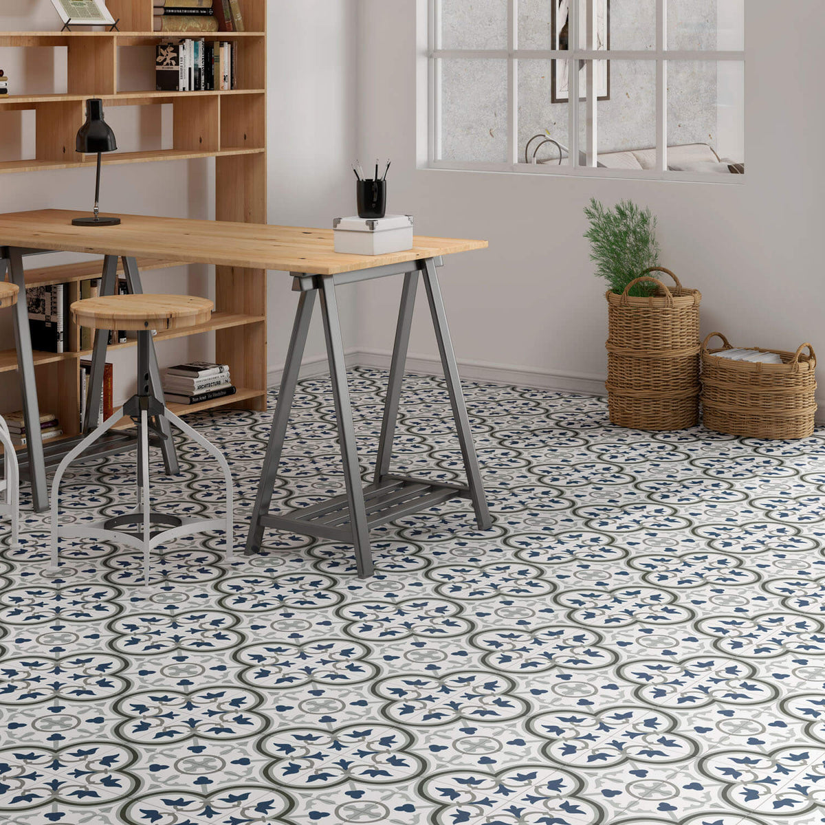 Kitchen featuring patterned Catalonia blue porcelain tiles for walls and floors