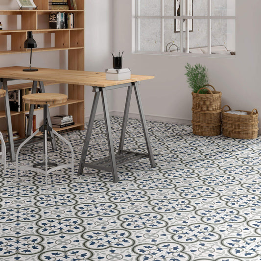 Kitchen featuring patterned Catalonia blue porcelain tiles for walls and floors