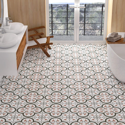 Luxury bathroom featuring Catalonia pink patterned wall and floor porcelain tiles 