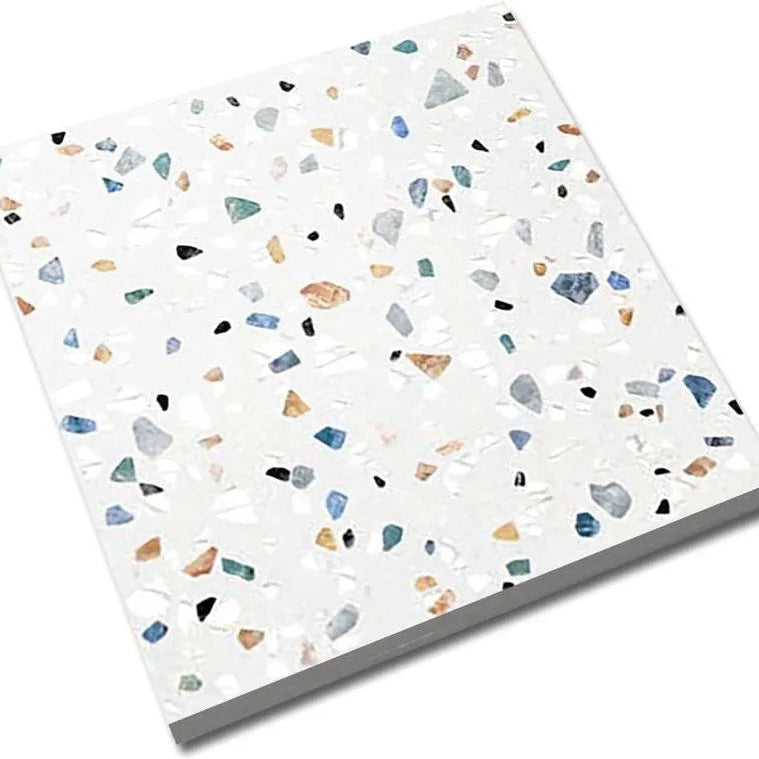 Close up of Tutti Frutti terrazzo style wall and floor tile with vibrant colouored mixed-chip pattern