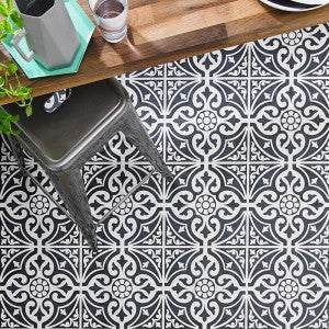 Feature stone black and white patterned kitchen floor tiles