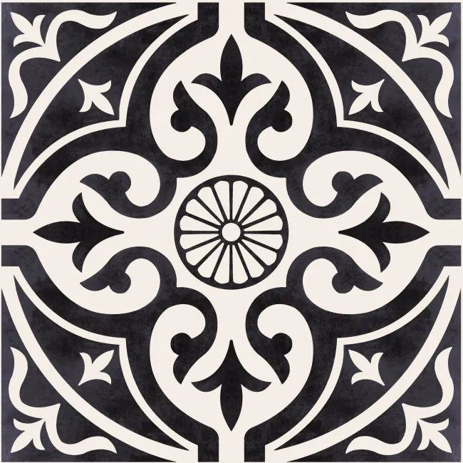 Close up of feature stone black and white patterned bathroom floor tiles