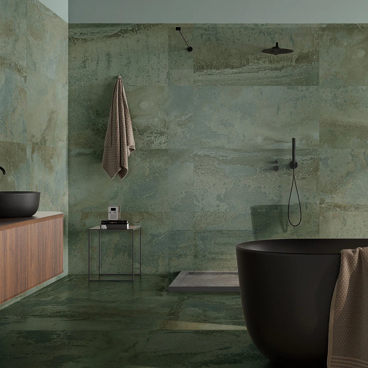 Ferrum green porcelain wall and floor tile used for modern interiors